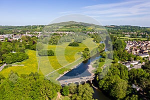 Aerial view of an old bridge over the River Usk in Abergavenny