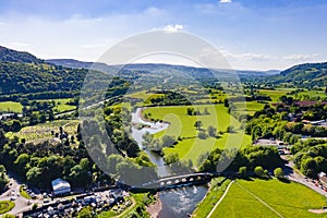 Aerial view of an old bridge over the River Usk in Abergavenny