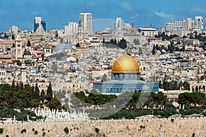 Aerial view of the old city of Jerusalem and Dome of the Rock mosque