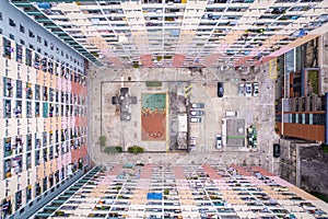 Aerial view of old colorful public housing in Hong Kong
