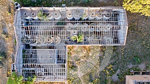 Aerial view of the old destroyed winery from 1906. Top view of the wine storage tanks