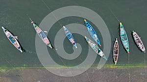 Aerial view of old fisherman boats in the river Krishna, Andhra Pradesh state India