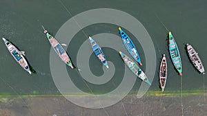 Aerial view of old fisherman boats in the river Krishna, Andhra Pradesh state India photo