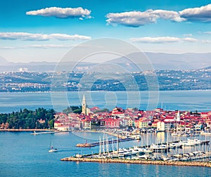 Aerial view of old fishing town Izola. Colorful spring seascapeof Adriatic Sea. Beautiful view of Slovenia, Europe. Beauty of