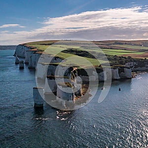 Aerial view with Old Harry Rocks, the beautiful coastline and cliffs on South England UK