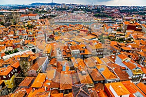 Aerial view of old historical buildings of Porto city and Vila Nova de Gaia with Douro River, Portugal