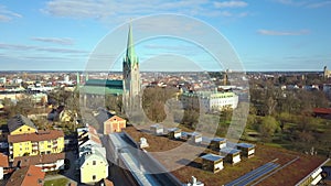 Aerial view of old historical Linkoping city in Sweden. European architecture in Scandinavian town