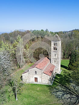 Aerial view of a old italian rural church. San Secondo is an ant