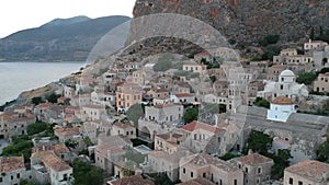 Aerial view of the old medieval castle town of Monemvasia in Lakonia of Peloponnese, Greece. Monemvasia is often called