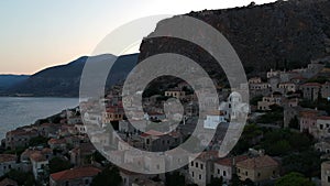 Aerial view of the old medieval castle town of Monemvasia in Lakonia of Peloponnese, Greece. Monemvasia is often called