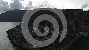 Aerial view of the old medieval castle town of Monemvasia in Lakonia of Peloponnese, Greece. Monemvasia is often called