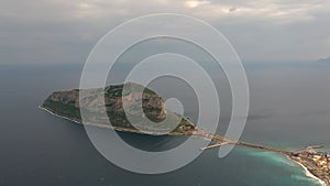 Aerial view of the old medieval castle town of Monemvasia in Lakonia of Peloponnese, Greece. Monemvasia is often called