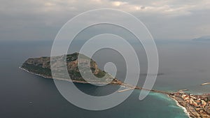 Aerial view of the old medieval castle town of Monemvasia in Lakonia of Peloponnese, Greece. Monemvasia is often called