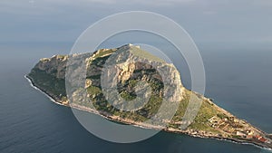 Aerial view of the old medieval castle town of Monemvasia in Lakonia of Peloponnese, Greece. Monemvasia is often called