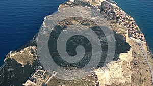 Aerial view of the old medieval castle town of Monemvasia in Lakonia of Peloponnese, Greece. Monemvasia is often called