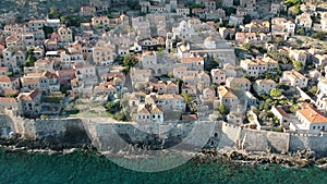 Aerial view of the old medieval castle town of Monemvasia in Lakonia of Peloponnese, Greece. Monemvasia is often called