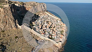 Aerial view of the old medieval castle town of Monemvasia in Lakonia of Peloponnese, Greece. Monemvasia is often called