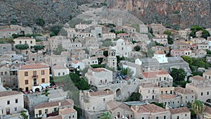 Aerial view of the old medieval castle town of Monemvasia in Lakonia of Peloponnese, Greece. Monemvasia is often called