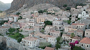 Aerial view of the old medieval castle town of Monemvasia in Lakonia of Peloponnese, Greece. Monemvasia is often called