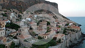 Aerial view of the old medieval castle town of Monemvasia in Lakonia of Peloponnese, Greece. Monemvasia is often called