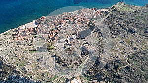 Aerial view of the old medieval castle town of Monemvasia in Lakonia of Peloponnese, Greece. Monemvasia is often called