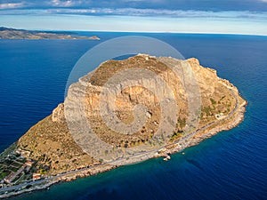 Aerial view of the old medieval castle town of Monemvasia in Lakonia of Peloponnese, Greece. Often called