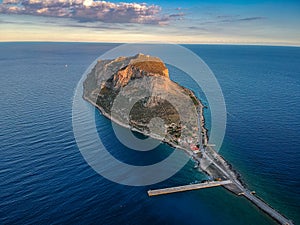 Aerial view of the old medieval castle town of Monemvasia in Lakonia of Peloponnese, Greece. Often called