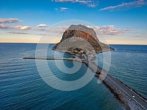 Aerial view of the old medieval castle town of Monemvasia in Lakonia of Peloponnese, Greece. Often called