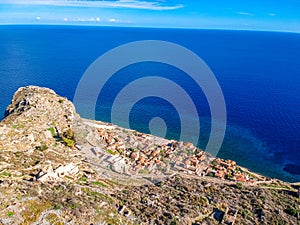 Aerial view of the old medieval castle town of Monemvasia in Lakonia of Peloponnese, Greece. Often called