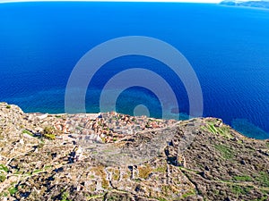 Aerial view of the old medieval castle town of Monemvasia in Lakonia of Peloponnese, Greece. Often called