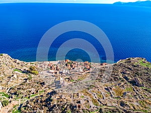 Aerial view of the old medieval castle town of Monemvasia in Lakonia of Peloponnese, Greece. Often called