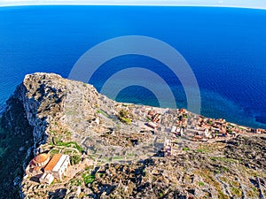 Aerial view of the old medieval castle town of Monemvasia in Lakonia of Peloponnese, Greece. Often called