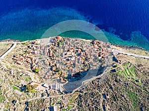 Aerial view of the old medieval castle town of Monemvasia in Lakonia of Peloponnese, Greece. Often called