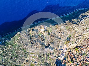 Aerial view of the old medieval castle town of Monemvasia in Lakonia of Peloponnese, Greece. Often called
