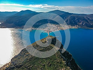 Aerial view of the old medieval castle town of Monemvasia in Lakonia of Peloponnese, Greece. Often called