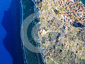 Aerial view of the old medieval castle town of Monemvasia in Lakonia of Peloponnese, Greece. Often called