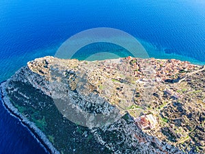 Aerial view of the old medieval castle town of Monemvasia in Lakonia of Peloponnese, Greece. Often called