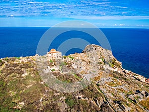 Aerial view of the old medieval castle town of Monemvasia in Lakonia of Peloponnese, Greece. Often called