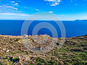 Aerial view of the old medieval castle town of Monemvasia in Lakonia of Peloponnese, Greece. Often called