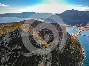 Aerial view of the old medieval castle town of Monemvasia in Lakonia of Peloponnese, Greece. Often called