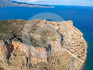 Aerial view of the old medieval castle town of Monemvasia in Lakonia of Peloponnese, Greece. Often called