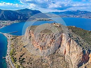 Aerial view of the old medieval castle town of Monemvasia in Lakonia of Peloponnese, Greece. Often called