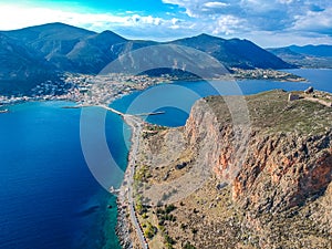 Aerial view of the old medieval castle town of Monemvasia in Lakonia of Peloponnese, Greece. Often called