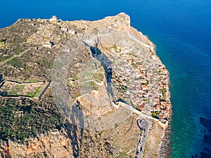 Aerial view of the old medieval castle town of Monemvasia in Lakonia of Peloponnese, Greece. Often called