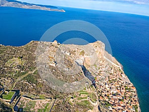 Aerial view of the old medieval castle town of Monemvasia in Lakonia of Peloponnese, Greece. Often called