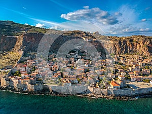 Aerial view of the old medieval castle town of Monemvasia in Lakonia of Peloponnese, Greece. Often called