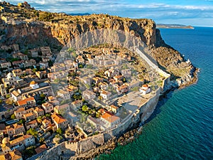 Aerial view of the old medieval castle town of Monemvasia in Lakonia of Peloponnese, Greece. Often called