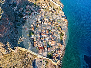 Aerial view of the old medieval castle town of Monemvasia in Lakonia of Peloponnese, Greece. Often called