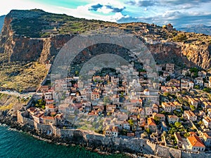 Aerial view of the old medieval castle town of Monemvasia in Lakonia of Peloponnese, Greece. Often called