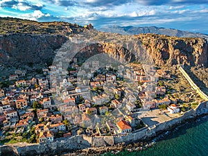 Aerial view of the old medieval castle town of Monemvasia in Lakonia of Peloponnese, Greece. Often called